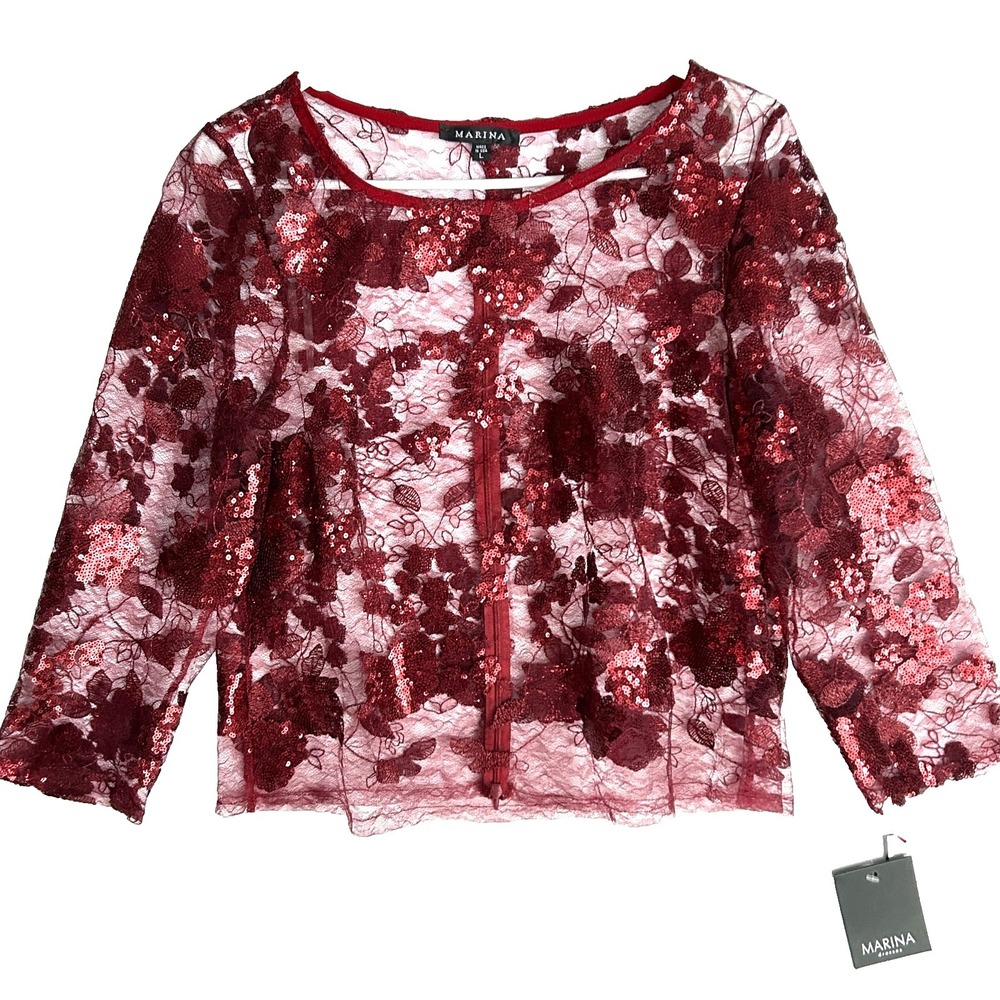 Sequin Mesh Lace Overlay Bolero Jacket Sheer Burgundy Cardigan Womens L NWT $89